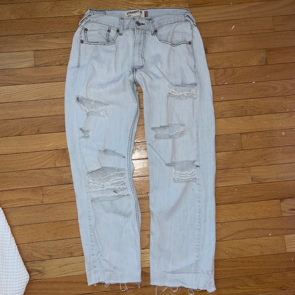 Levi's 505 White/Light Grey Straight Fit Denim Ripped Jeans, W34 L30, Low Rise